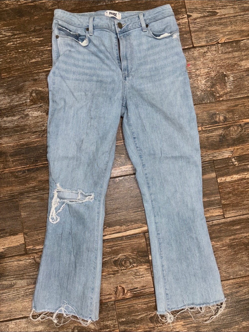 PAIGE Light Blue Distressed Flare Jeans